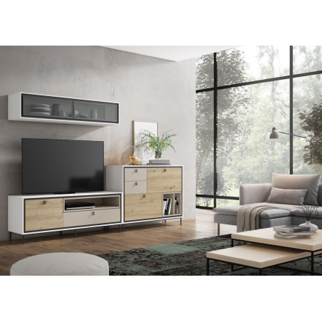 Mueble para salón de 3 módulos con frentes acristalados y en color amazonas y gris coco