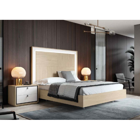 Dormitorio de estilo nórdico en colores amazona y Blanco, con mesitas y bancada a juego