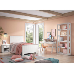 Dormitorio juvenil con cama, escritorio y estantería en color Blanco y Piedra