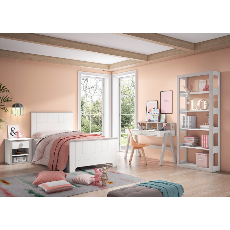 Dormitorio juvenil con cama, escritorio y estantería en color Blanco y Piedra