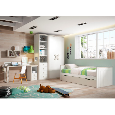 Conjunto de dormitorio juvenil con cama nido, escritorio y armario con sifonier, en colores Blanco y Arena