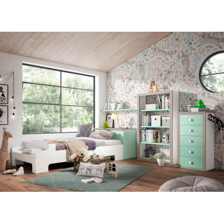 Dormitorio juvenil de 3 piezas en tonos Blanco, Jade y Visón. Cama baja con mueble de estanterías y sifonier.