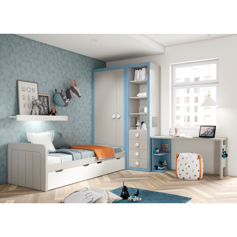 Dormitorio juvenil con escritorio, armario y cama nido con arcón. Colores Marfil, Blanco y Azul