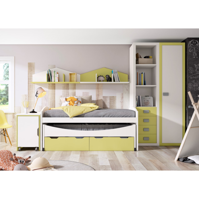 Dormitorio juvenil con cama nido, armario y escritorio en color Pera y Blanco