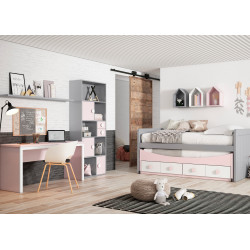 Dormitorio juvenil con cama nido, mueble con huecos y escritorio, en una combinación de colores Gris, Pétalo y Blanco