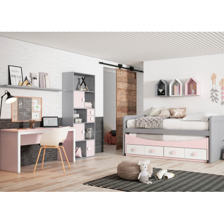 Dormitorio juvenil con cama nido, mueble con huecos y escritorio, en una combinación de colores Gris, Pétalo y Blanco
