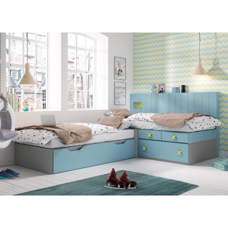 Conjunto dormitorio juvenil de tipo rinconera en color Titanio y Marina