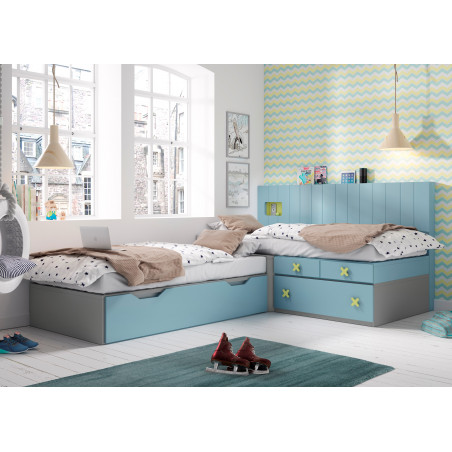 Conjunto dormitorio juvenil de tipo rinconera en color Titanio y Marina