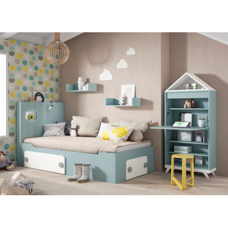 Dormitorio infantil con cama baja y mueble con escritorio, en color Musgo con detalles Blancos y tiradores en color Titanio