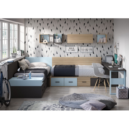 Dormitorio juvenil con 2 camas sobre módulos dispuestos en rinconera, en colores Natural, Grafito y Celeste