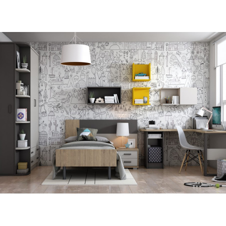 Dormitorio juvenil, con armario y escritorio, en colores Roble, Grafito y Coco
