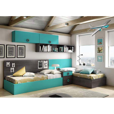 Dormitorio juvenil sobre módulos, dispuestos en rinconera y mueble alto, en colores Ceniza y Turquesa