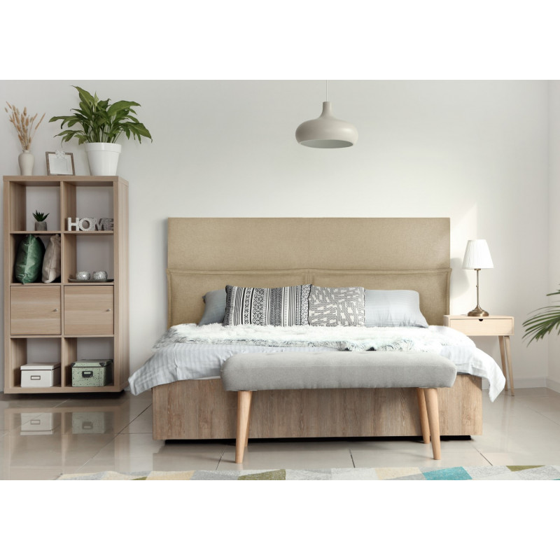 Dormitorio con cabecero tapizado de dos volúmenes. Tapizado en tejido Linetex, color Natural. Serie A