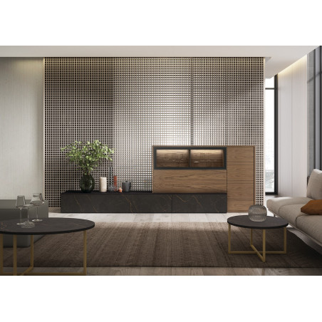 Ambiente con mueble de salón con módulos en Nogal Americano y Black Glass