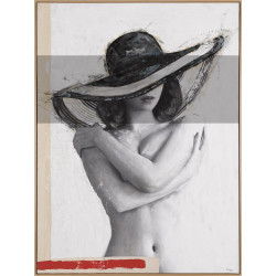 Cuadro con mujer con sombrero, enmarcado en blanco y negro