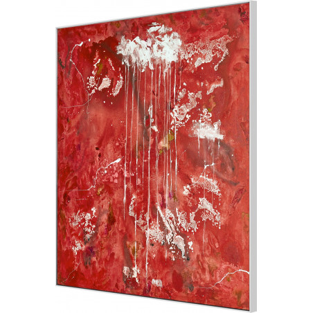 Cuadro enmarcado, abstracto sobre lienzo en tonos rojos, vista lateral