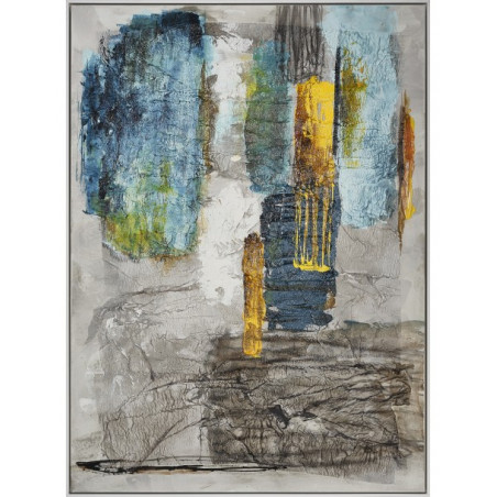 Cuadro en tonos azules, amarillos y grises, enmarcado de estilo abstracto sobre lienzo
