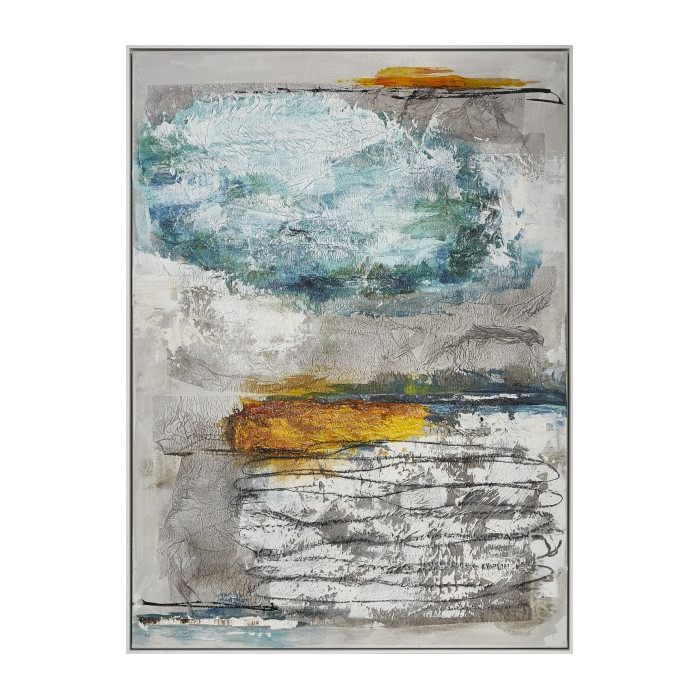 Cuadro en tonos azules, amarillos y grises, enmarcado de estilo abstracto sobre lienzo