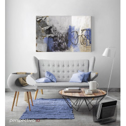 Cuadro abstracto sobre lienzo con pieza de metacrilato, sobre sofá