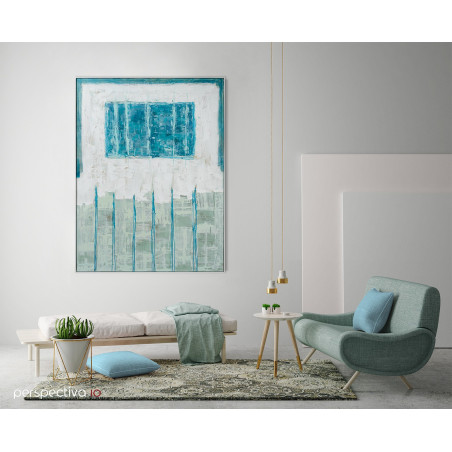 Cuadro de técnica mixta sobre lienzo, enmarcado con marco L Blanco, en ambiente