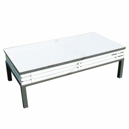 Mesa de centro para exterior. En color gris y blanco, con el sobre de blanco.