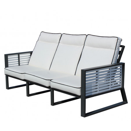 Sofá 3 plazas reclinable, en aluminio lacado color gris y blanco y cojines en blanco ribeteados