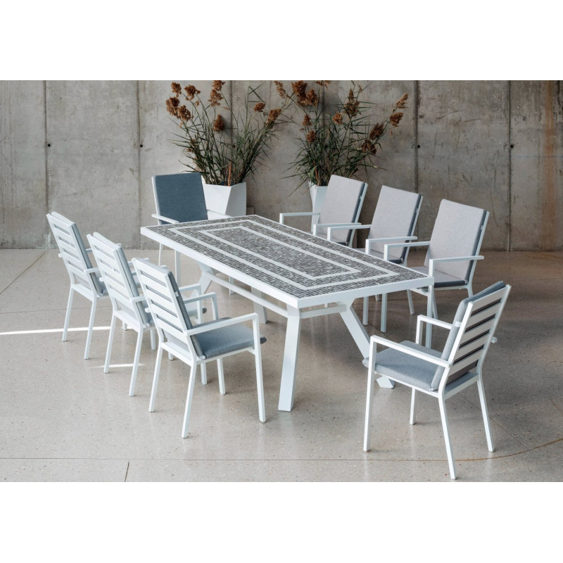 Conjunto de comedor para exterior con mesa fija de  aluminio blanco y 8 sillones a juego