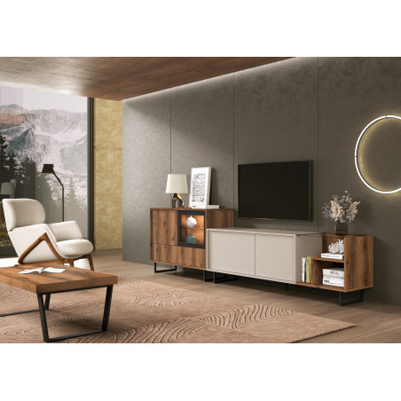 Ambiente con mueble de salón de 3 módulos en colores Nogal nudos y Marfil