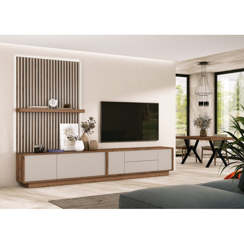Composición de muebles de salón soporte para TV y vitrina de madera