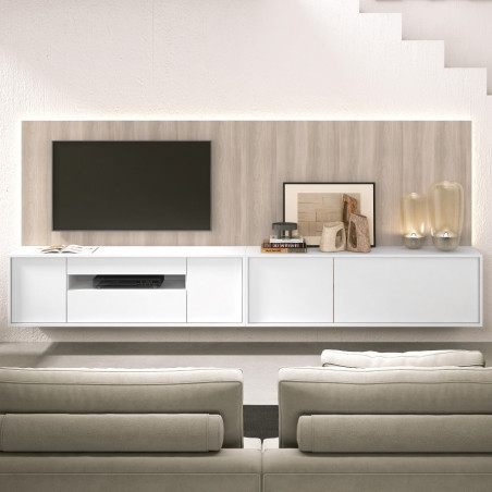 Composición de salón en Blanco y Nórdico con panel trasero TV