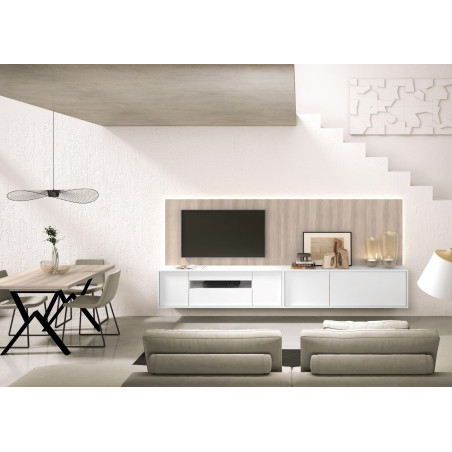 Vista general de composición de salón en Blanco y Nórdico con panel trasero TV