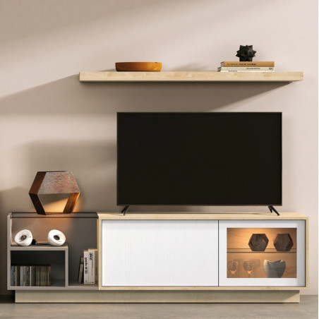 Detalle de mueble TV con estante de pared