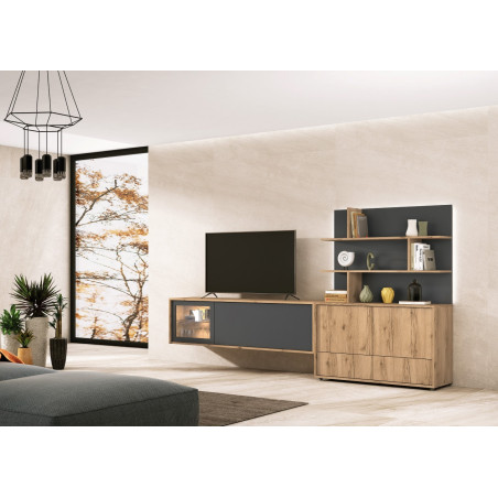 Composición modular de salón con mueble TV suspendido y librería