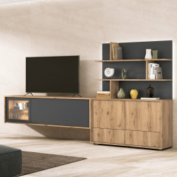 Composición modular de salón con mueble TV suspendido y librería