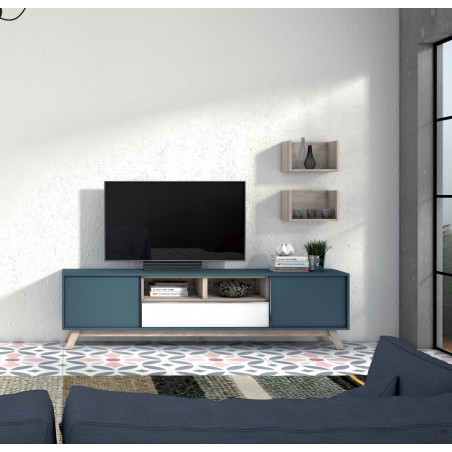 Ambiente de salón con módulo sobre patas en azul y dos estantes colgados