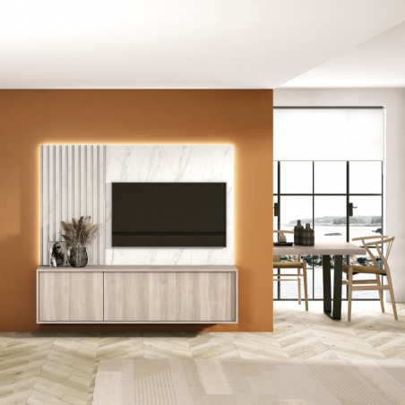 Ambiente de salón con mueble TV y panel trasero