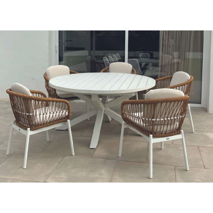 Comedor de exterior con mesa redonda y 5 sillones en aluminio y cuerda