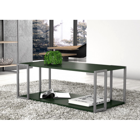 Ambiente sobre una alfombra, una mesa con estructura de metal y tableros a dos niveles