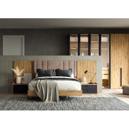 Ambiente de dormitorio con cabecero tapizado en acabado Rustic y Grafito
