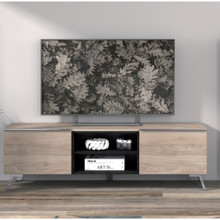 Detalle del módulo Tv en acabado Nórdico, con 2 puertas y 2 huecos centrales en Negro Poro