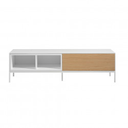 Mueble TV de estructura de madera de MDF color Blanco y Roble, con patas de acero pintado en color Blanco.
