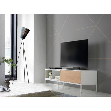 Mueble TV de estructura de madera de MDF color Blanco y Roble, con patas de acero pintado en color Blanco.
