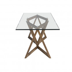 Mesa comedor con tapa fija rectangular de cristal templado biselado y estructura de patas en madera color Nogal.
