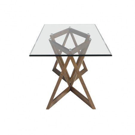 Mesa comedor con tapa fija rectangular de cristal templado biselado y estructura de patas en madera color Nogal.