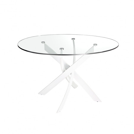 Mesa comedor con tapa fija de cristal templado y patas de acero lacado en color Blanco curvado.